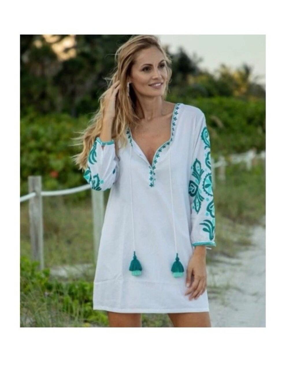 New Bindu M Resort Beach Designer Embroidered Tunic Mini Dress White Aqua Teal